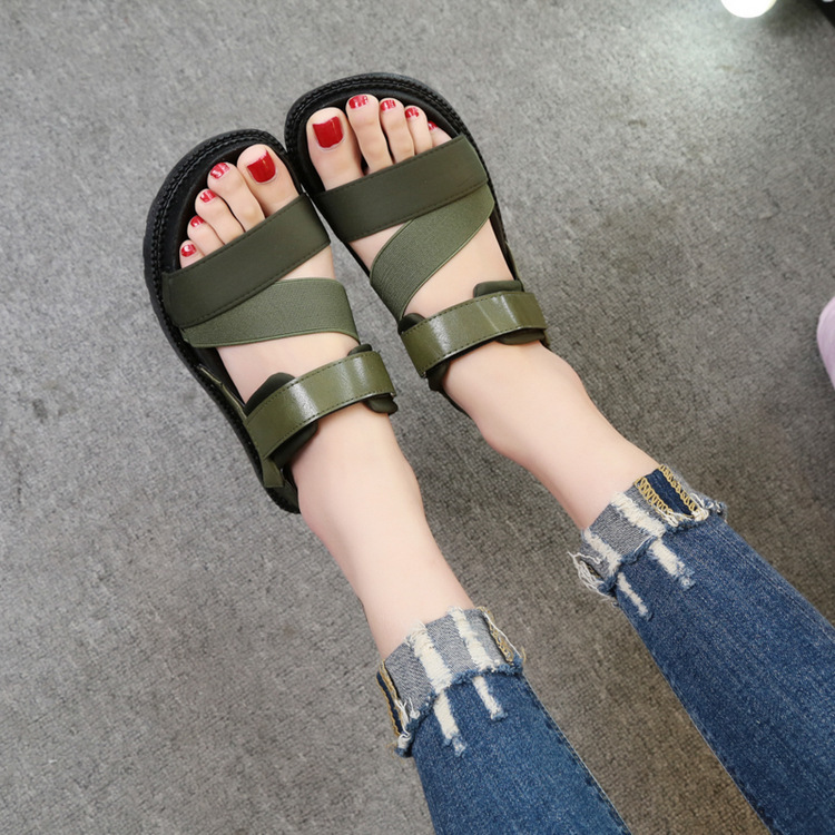 2017春夏新款女凉鞋平底女鞋圆头绑带平跟拼接罗马风凉鞋