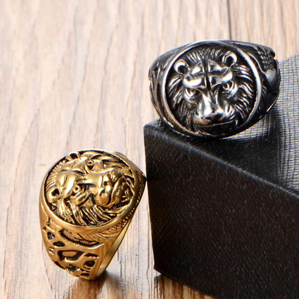 Titanium Steel Material Lion Pattern Men'S Gender Punk Lion Titanium Steel Inlay Zircon 18K Gold Plated Men'S Rings