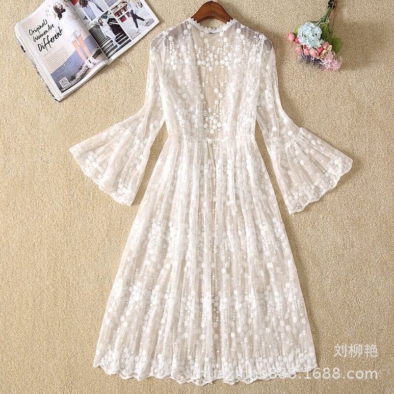 新款蕾丝网纱七分袖开衫披肩女夏中长款喇叭袖防晒衣薄款外搭