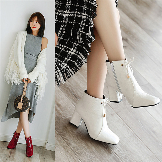 Short boots fashion sexy square head autumn and winter thick side zipper nude boots