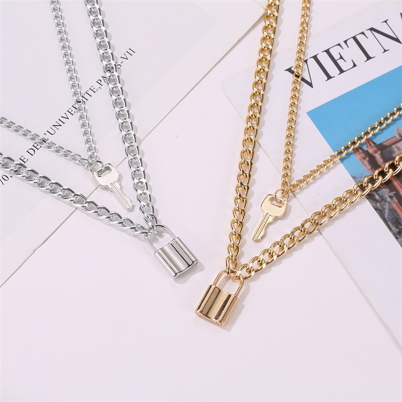 New Necklace Hip Hop Lock Key Metal Pendant Necklace Necklace Exaggerated Thick Chain Double Necklace display picture 3