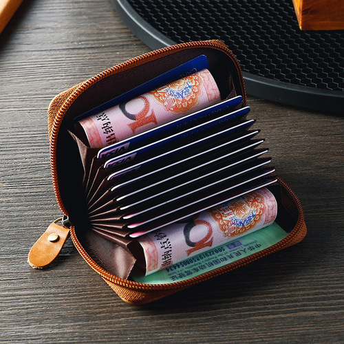 European and American RFID anti-magnetic first-layer cowhide card bag genuine leather zipper accordion card holder retro oil wax leather coin purse card bag