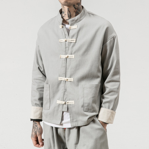 National retro large coil button men jacket linen Tang