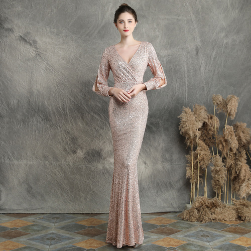 Evening dresses prom dress Vestidos de noche evening gowns Banquet long sleeve Sequin party queen fishtail evening dress