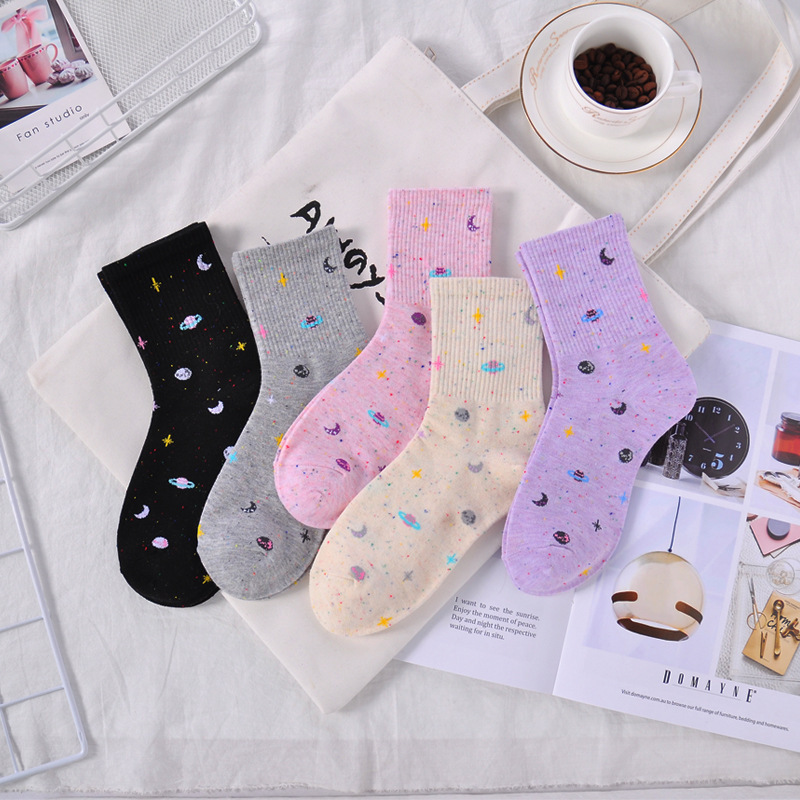 New Style Starry Sky Socks Korean Version Women's Socks Ins Trendy Socks Women's Universe Starry Sky Long Tube Socks Women's Planet Mid-Tube Socks Casual