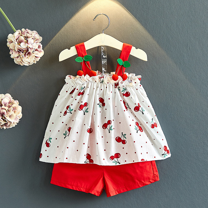 2019 summer Children's clothing new pattern summer suit Female baby Cherry camisole jacket fashion shorts Two piece set