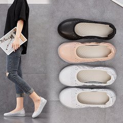 豆豆鏤空涼鞋女夏涼鞋真皮牛筋底軟皮單層透氣平底孕婦護士媽媽鞋