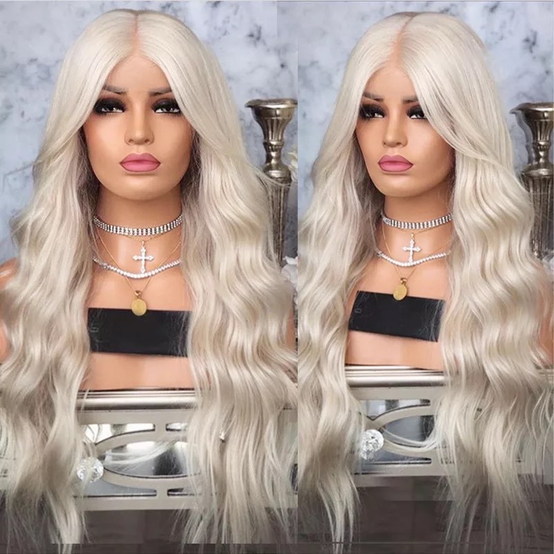 Synthetic Hair Silvery White Lace Front Wigs Long Kinky Curly Wigs
