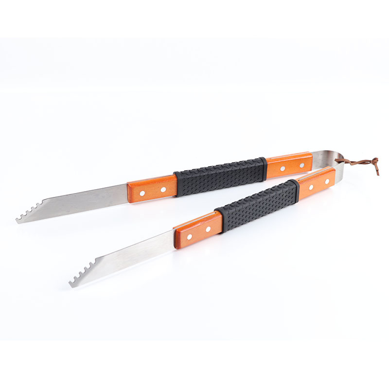 Directo de fábrica barbacoa traje de combinación de acero inoxidable tenedor pala clip de tres piezas mango de madera con pala de goma manga para hornear