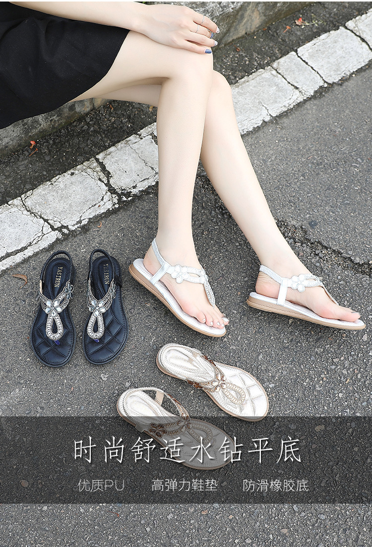 Cross-border rhinestone flat sandals, Yirun large-sized Korean style flat heels with culowed-out Bohemian style comfortable women's shoes for summer details Picture