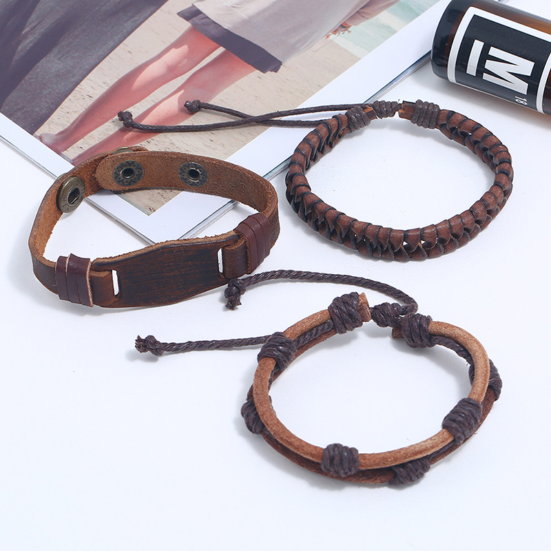 New three-piece real leather bracelet simple diy suit menu0027s knitted bracelet jewelry wholesale