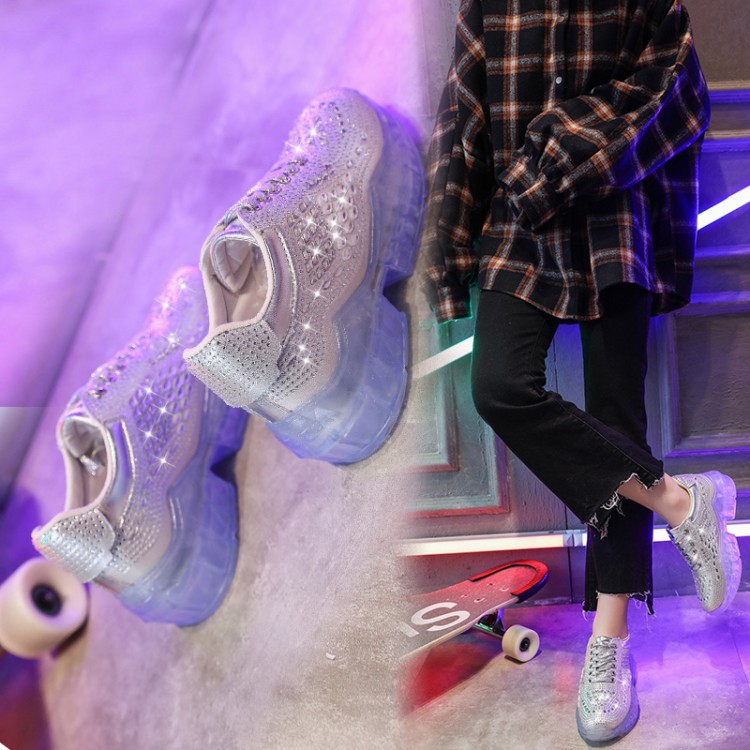 新款ins网红同款老爹鞋女水钻运动鞋闪亮水晶厚底松糕透明休闲鞋|ms