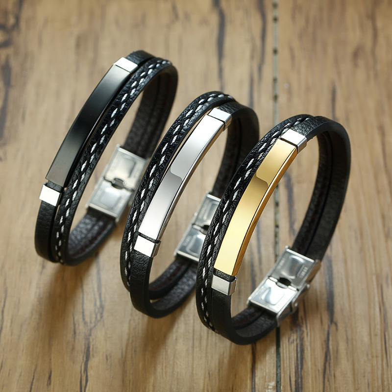 Street Occasion 304 Stainless Steel, Pu Leather Material Geometric Pattern Original Design Geometric 304 Stainless Steel Pu Leather Plating Men'S Bracelets Men Cord & Leather Bracelets