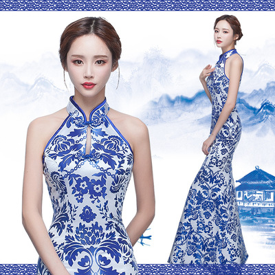 Blue and white model show chinese dresses retro  long show qipao miss etiquette dress Chinese wind blue and white porcelain mermaid cheongsam