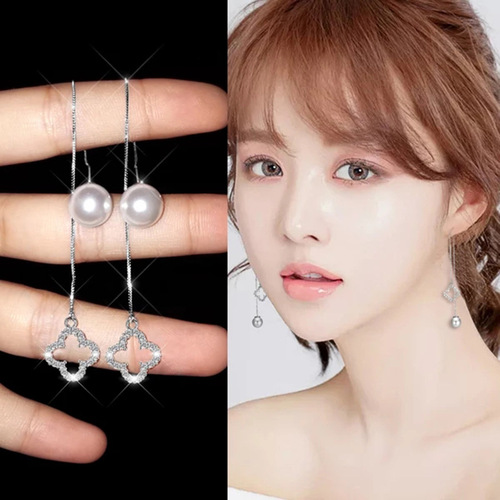 Korea S925 silver needle five-pointed star moon leaf ice flower four-leaf clover hair ball ear wire long earrings for women