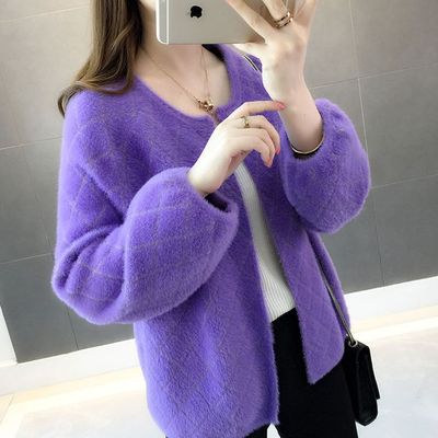bishop sleeve Mink cashmere coat fresh sweater knitting Cardigan 2019 Autumn new pattern Easy Nude color