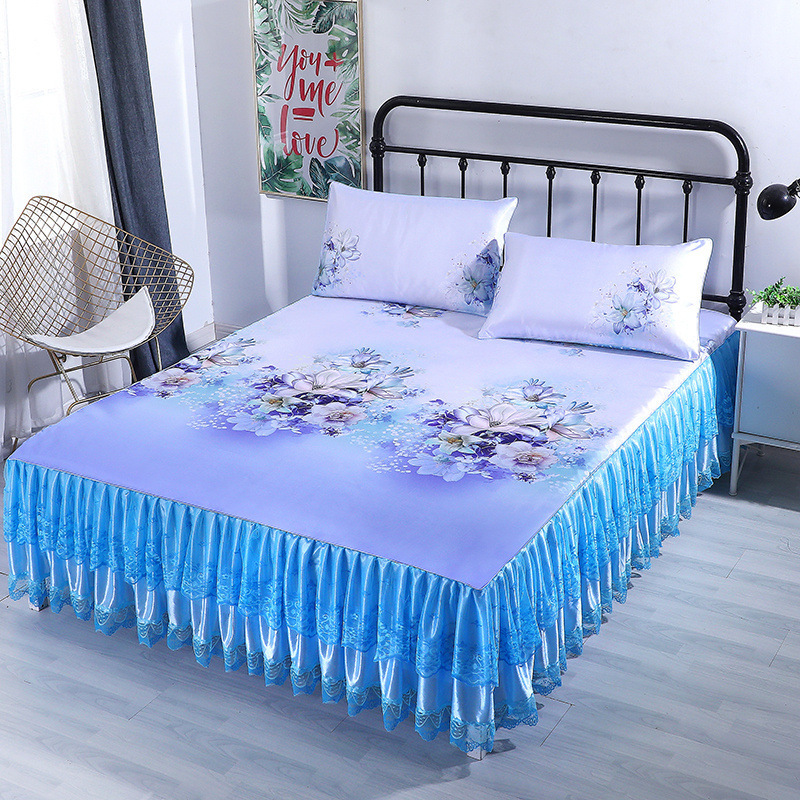 夏季透气冰丝凉席子套件 家纺印花简约蕾丝床裙式凉席枕套三件套|ms