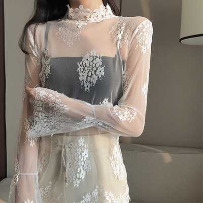 New winter chic perspective Lace lace Base coat Hollow High collar Jacobs pagoda sleeve Internal lap jacket