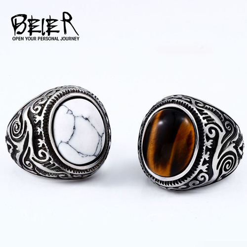 Beier Cross-border Wholesale Titanium Steel Ring for Men in Europe and America, Vintage Stainless Steel with Gemstone Inlay and Engraved Band Hand Accessory