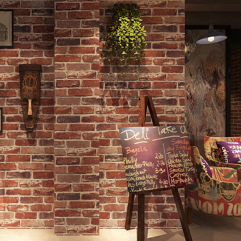 复古怀旧美式仿砖纹砖块砖头墙纸咖啡馆酒吧餐厅文化石红砖壁纸