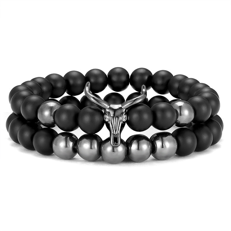 New CZ bracelet suit fashion Bull Devil 8mm frosted stone beads charm bracelet factory direct sales