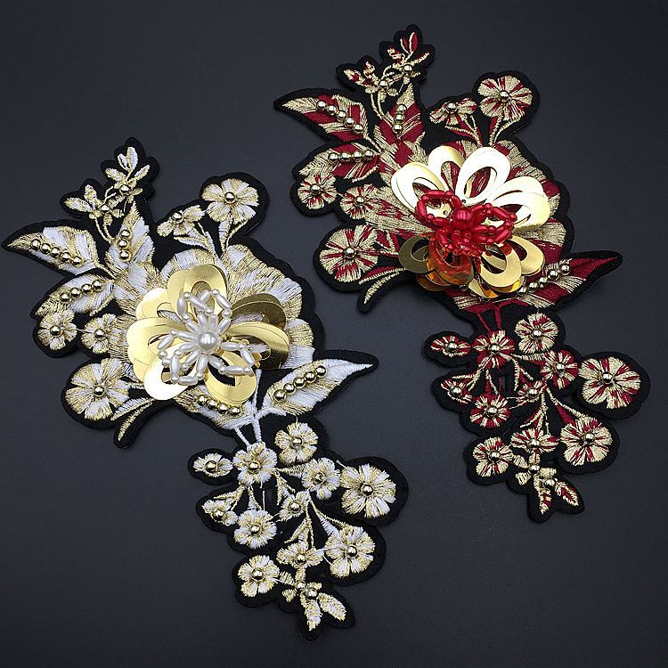 厂家新款金线刺绣手工钉珠亮片花朵布贴 高端礼服婚纱装饰diy辅料