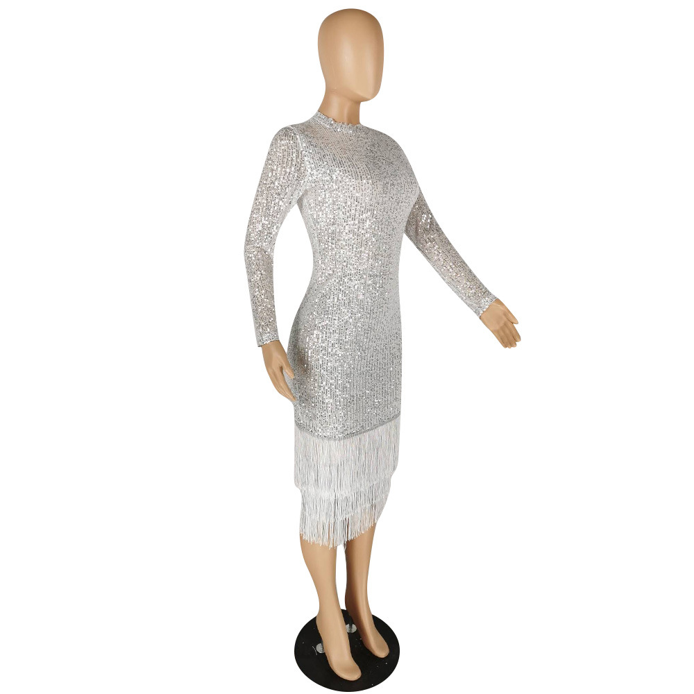 Women's Sequin Dress Party Dress Elegant Classic Style Round Neck Sequins Long Sleeve Solid Color Midi Dress Banquet Evening Party display picture 26