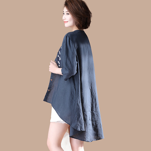 medium and long shirts V-neck embroidered seven-sleeve summer    