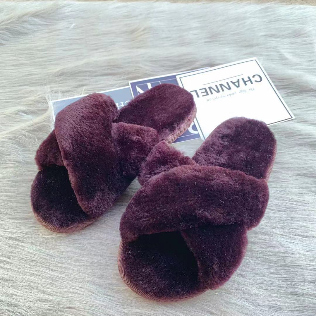 2019新款外穿皮毛一体拖鞋一字交叉羊毛拖鞋女居家软底毛毛拖鞋女