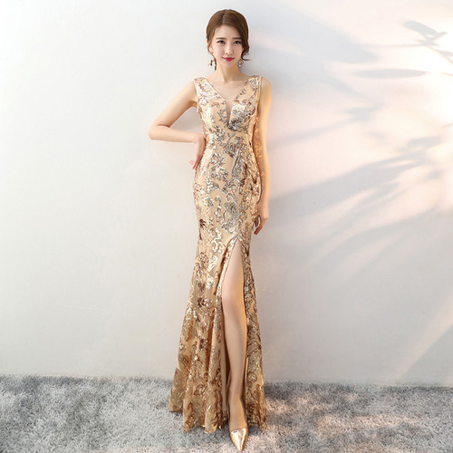 Evening dresses vestido de noche Golden evening dress banquet sexy fishtail dress queen&apos;s aura