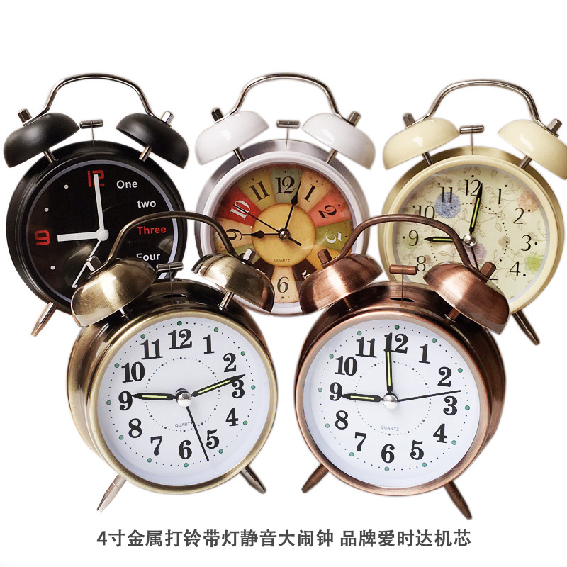 工厂直供创意礼品4寸超静音带夜灯金属打铃闹钟 学生儿童桌面钟