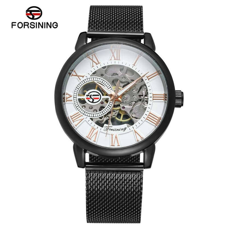 FORSINING/fusini hombres de acero inoxidable de negocios semiautomático reloj mecánico manual primavera A099