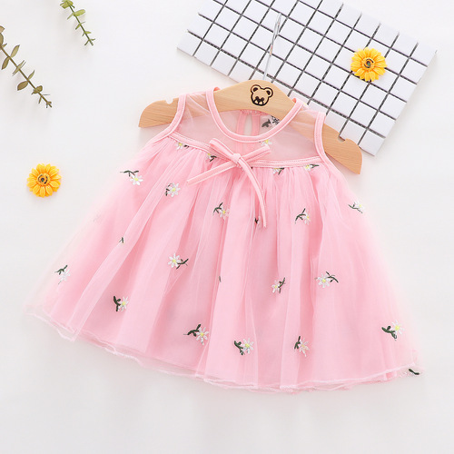 Q281 Children's clothing summer new product baby girl sleeveless mesh dress children's solid color small fresh embroidered skirt consignment sale
