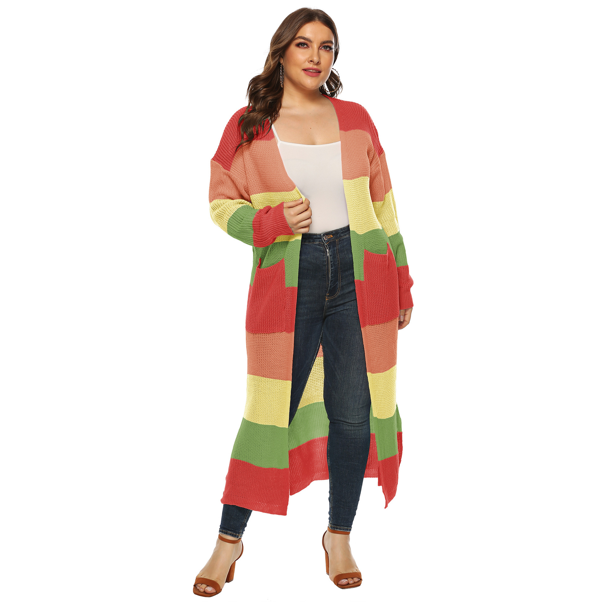 Plus size stitching color knit cardigan NSOY46122