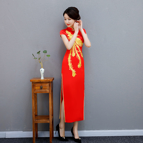 Chinese Dress Qipao for women retro banquet Qipao skirt double red phoenix embroidered cheongsam with high slits