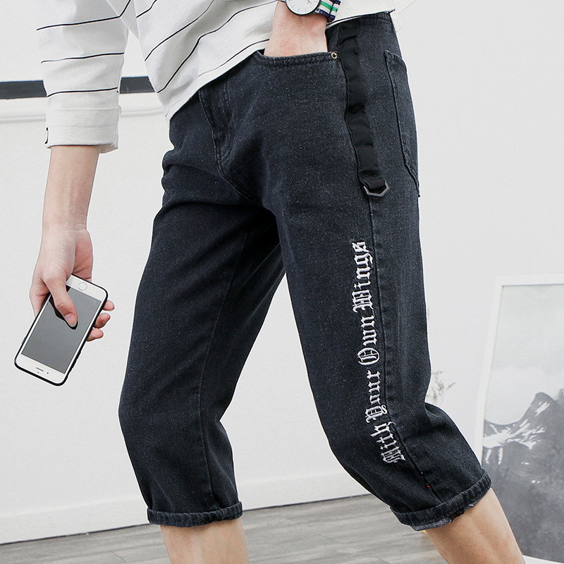 男士牛仔短褲男七分褲夏季薄款 修身青年中褲7分褲馬褲休閑夏天潮