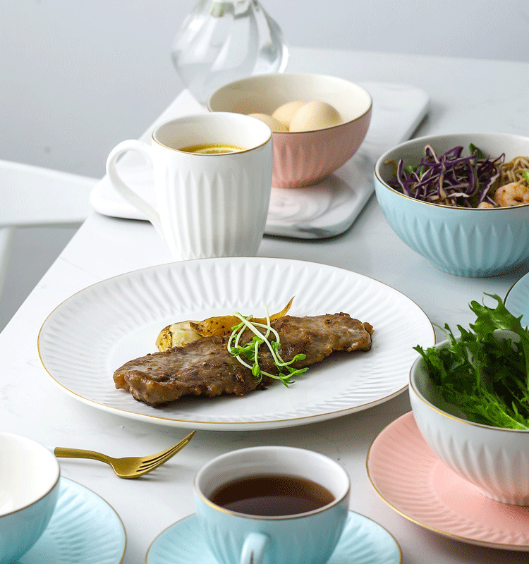 Nordic simple borde dorado esmalte vajilla alivio creativo plato de cerámica plato de alivio plato grande sopa tazón taza de café y platillo