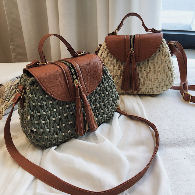 New Hand-woven Bag Baitao Zipper Small Bag Oblique Bag， Straw Bag， Seaside Holiday and Leisure Bag， 2019