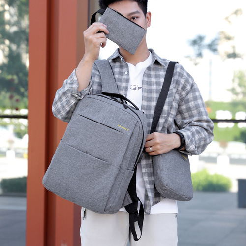 Men's business backpack Korean version USB charging casual female student school bag simple fashion computer bag three-piece set