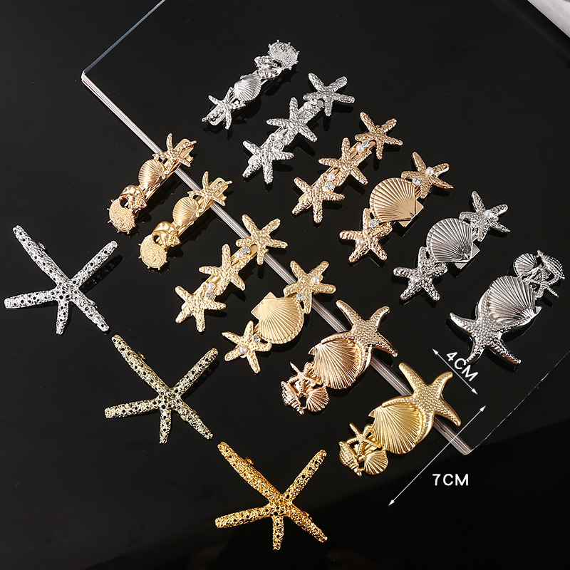 Women's Casual Marine Style Starfish Shell Alloy Inlay Rhinestones Pearl Hair Clip display picture 1