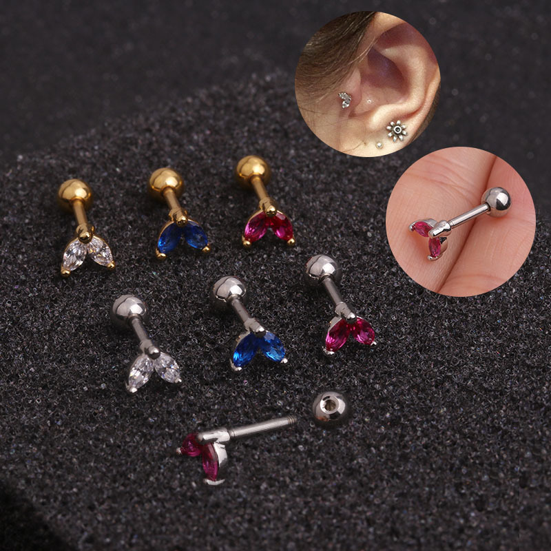 Ear Cartilage Rings & Studs Simple Style Leaf 316 Stainless Steel  Copper Inlay Zircon display picture 1