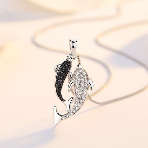 Black and White Zirconia Double Dolphin Necklace for Women Trendy Clavicle Minority Influencer Pendant Valentine's Day Gift for Girlfriend Wholesale