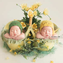 宝沃儿童摄影道具双胞胎针织帽子新生儿影楼宝宝拍照摄影道具帽子