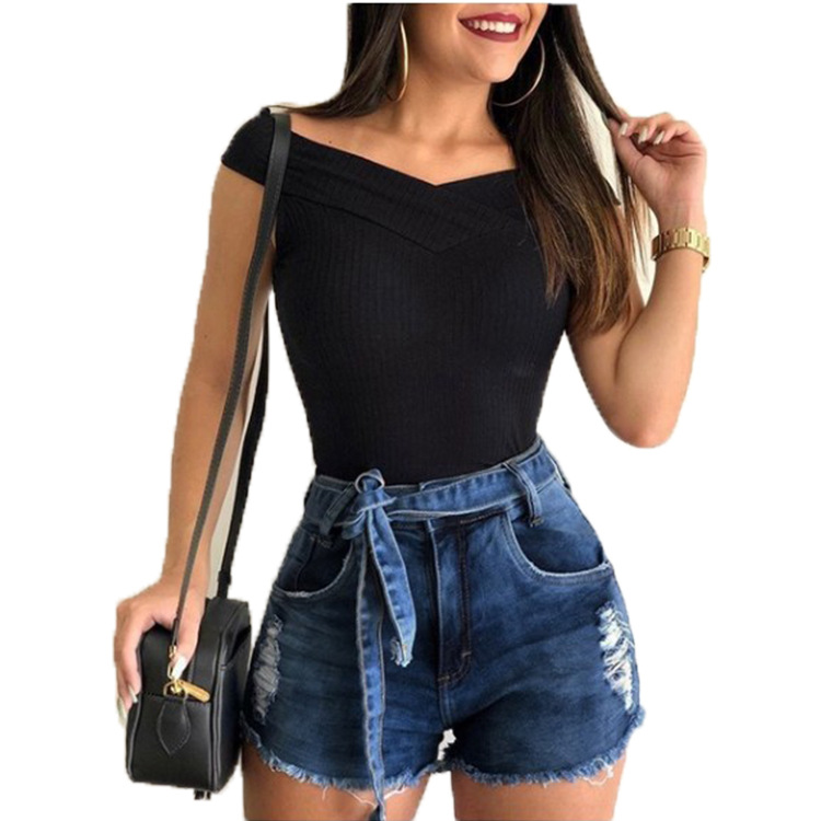 European And American Women's Jeans Shorts Lace Up Sexy Show Thin Holes Jeans Shorts