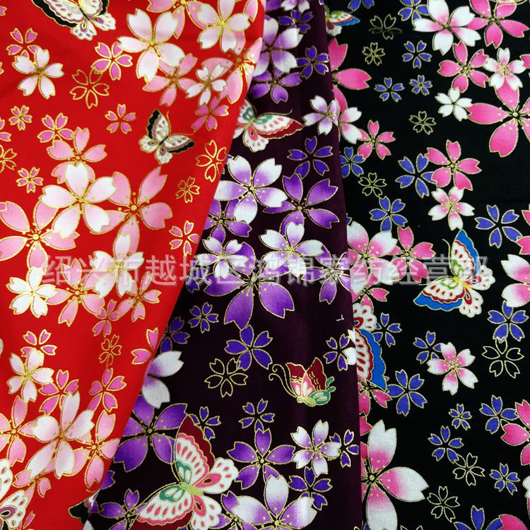 日系和风布 樱花彩蝶棉布活性印花烫金面料三色现货供应