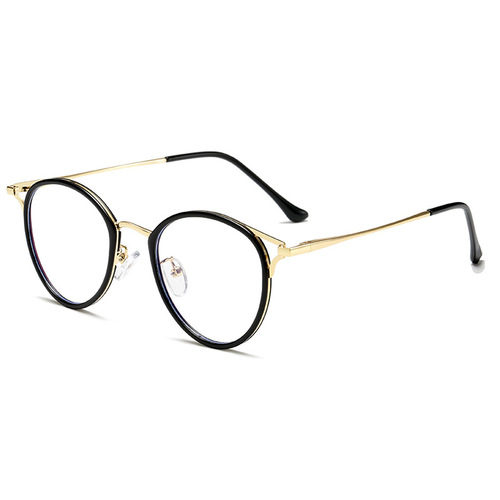 Full-frame retro metal eyeglass frames, plano glasses, anti-blue light glasses, available with prescription lenses, cat-ear style frames.