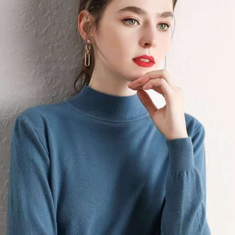 2019春夏新款针织衫女套头长袖外搭修身短款毛衣半高领纯色打底|ru