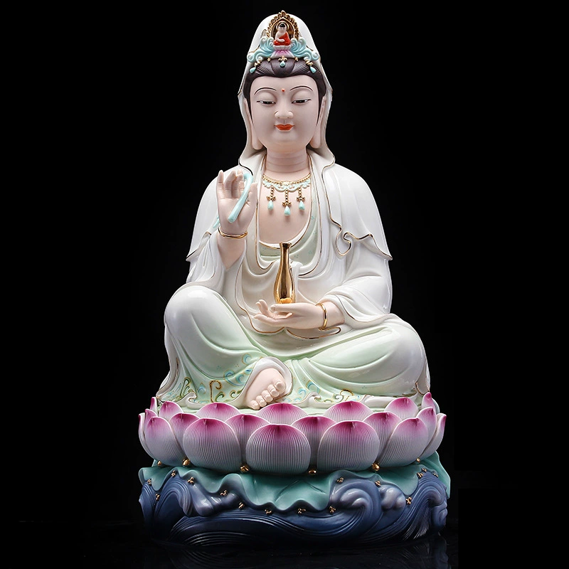 本器 Painted Buddha statue sitting on lotus, Guanyin Bodhisattva statue, ceramic Guanyin Buddha statue, household safety protection and worship ornaments manufacturer