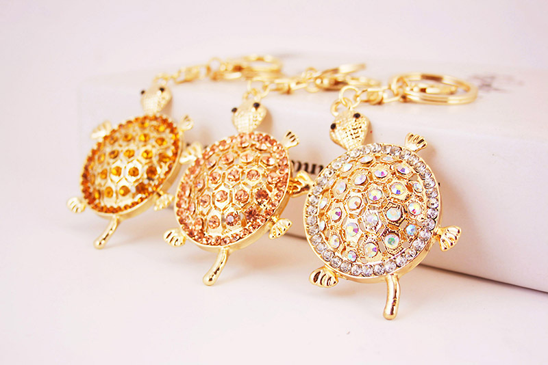 50g Weight Diamond Inlay Material Keychain Classification Alloy, Metal Material Tortoise Pattern Unisex Gender Cute Style White, Peach, Gold Color Tortoise Keychain Alloy Metal Diamond Unisex Cute Keychain 无