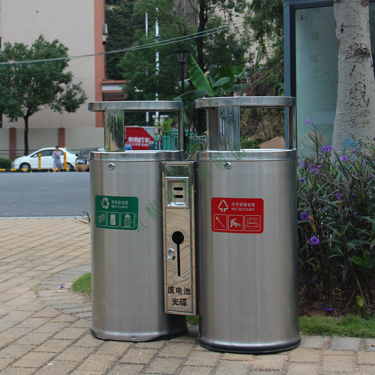物业小区分类垃圾桶公园圆形不锈钢果皮箱市政街道防雨垃圾箱厂家